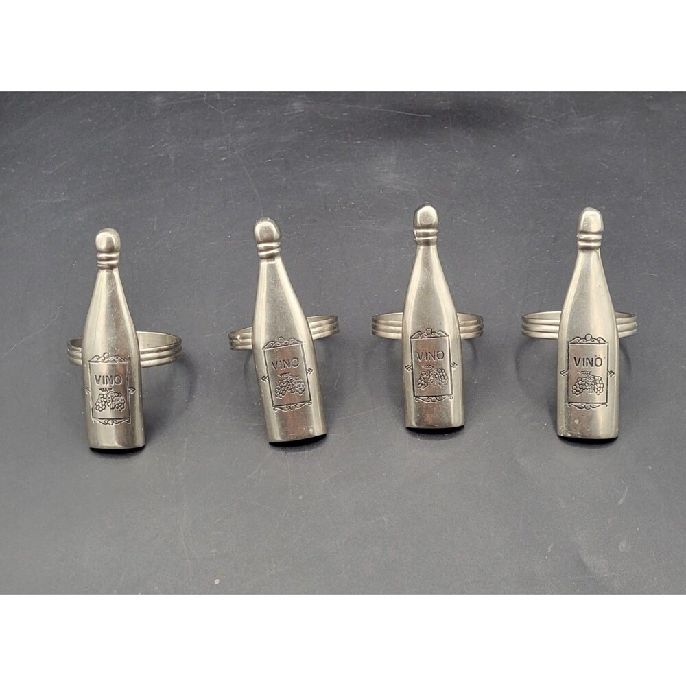 VTG Silver Plated Wine Bottle Napkin Rings Set Of 4 Vino Grapes Table Decor